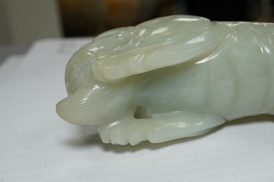 A large Chinese pale celadon jade ‘dragon-fish’ vessel and cover, 19th century